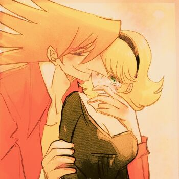 Rule 34 | big nose, black hairband, black shirt, blonde hair, breasts, closed eyes, coat, cyborg, cyborg 009, francoise arnoul, green eyes, hairband, hand on another's arm, hand on another's chest, highres, jet link, light blush, long hair, looking at another, low neckline, medium breasts, orange hair, red coat, sariokisu, shirt