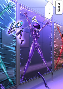 3girls arms_up bdsm blindfold bondage bound breasts gag highres latex multiple_girls plug_gag spread_eagle_position spread_legs suspension tagme vacuum_bed