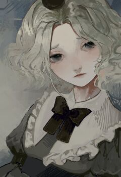 1girl black_bow black_bowtie black_hat_(villainous) bow bowtie capelet closed_mouth dress expressionless eyelashes frilled_capelet frills green_dress grey_background grey_eyes grey_hair hat hatsburg highres juliet_sleeves lips long_sleeves nostrils pink_lips puffy_sleeves realistic ribbon-trimmed_bowtie short_hair simple_background soga_no_tojiko solo tate_eboshi thick_eyebrows touhou upper_body wavy_hair white_capelet