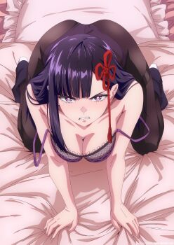 1girl angry bed blush bra breasts cleavage collarbone commentary_request highres long_hair mato_seihei_no_slave official_art pillow purple_eyes purple_hair solo teeth thighhighs underwear yamashiro_ren