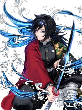 Rule 34 | 1boy, belt, black hair, black jacket, black pants, blue eyes, closed mouth, empty eyes, haori, holding, holding sword, holding weapon, jacket, japanese clothes, katana, kikkoumon, kimetsu no yaiba, long hair, low ponytail, male focus, marugoshi (kmt), pants, ponytail, print haori, red haori, solo, spiked hair, sword, tomioka giyuu, water, weapon, white background, white belt