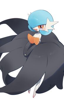 1other absurdres alternate_color black_dress black_gloves blue_hair blush bob_cut colored_skin dress elbow_gloves gardevoir gen_3_pokemon gloves hair_over_one_eye highres mega_gardevoir mega_pokemon nintendo nullma open_mouth pokemon pokemon_(creature) pokemon_focus red_eyes shiny_pokemon simple_background smile white_background white_skin