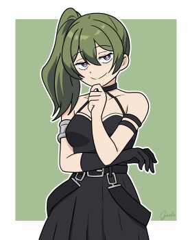 Rule 34 | 1girl, absurdres, arm strap, artist name, bare shoulders, belt, black choker, black dress, black gloves, border, breasts, choker, dress, facing viewer, garloo, gloves, green background, green hair, hair between eyes, hand on own chin, highres, inktober, long hair, looking up, outline, purple eyes, side ponytail, single glove, smile, sousou no frieren, ubel (sousou no frieren), white border, white outline