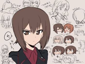 Rule 34 | 6+girls, aki (girls und panzer), ashiwara yuu, black jacket, boko (girls und panzer), boko (girls und panzer) (cosplay), chibi, closed eyes, commentary request, cosplay, cross, garrison cap, girls und panzer, glaring, grey hair, hat, iron cross, itsumi erika, jacket, kuromorimine military uniform, looking at viewer, mika (girls und panzer), mikko (girls und panzer), military hat, military jacket, multiple girls, nishizumi maho, nishizumi miho, nishizumi shiho, ooarai military uniform, open mouth, red shirt, shimada chiyo, shirt, short hair, simple background, sketch, smile, tulip hat, unfinished, upper body, white background