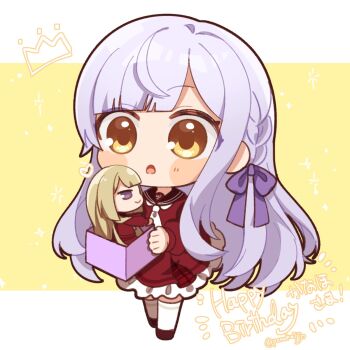 1girl assault_lily blunt_bangs blush box braid brown_sailor_collar brown_shoes character_doll character_name chibi commentary_request doll frilled_skirt frills full_body grey_hair hair_ribbon hand_up heart highres holding holding_box kon_kanaho letterboxed long_hair looking_at_object miniskirt miyagawa_takane necktie open_box open_mouth ponokaijo purple_ribbon red_shirt red_skirt ribbon sailor_collar school_uniform serafuku shirt shoes side_braid skirt solo sparkle standing thighhighs twitter_username very_long_hair white_necktie white_thighhighs yellow_background yellow_eyes