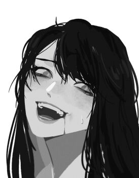 Rule 34 | 1girl, blood, blood from mouth, blood on face, blunt bangs, bucumberr, commentary, english commentary, evil smile, genshin impact, greyscale, head tilt, highres, long hair, looking at viewer, mole, mole under eye, monochrome, open mouth, raiden shogun, shade, simple background, smile, solo, sweatdrop, teeth, upper body, white background, wide-eyed
