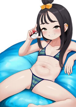 1girl atg_(wttoo0202) bikini black_hair commentary_request flat_chest grin highres holding holding_poke_ball lida_(pokemon) loli navel nintendo partial_commentary poke_ball poke_ball_(basic) pokemon pokemon_legends:_z-a smile solo striped_clothes swimsuit topknot