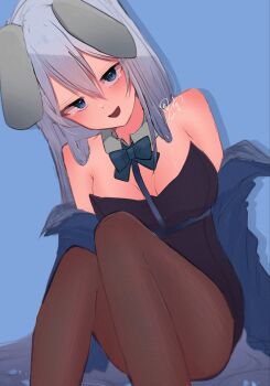 1girl alternate_breast_size_(larger) animal_ears bad_id bad_twitter_id bare_shoulders black_leotard blue_background blue_bow blue_bowtie blue_eyes blue_jacket blush bow bowtie breasts brown_pantyhose detached_collar dot_nose drop_shadow fake_animal_ears feet_out_of_frame fishnet_pantyhose fishnets grey_hair hair_between_eyes hair_spread_out highres jacket knees_up kuro_miya large_breasts leotard long_hair looking_at_viewer off_shoulder open_clothes open_jacket open_mouth pantyhose playboy_bunny project_sekai rabbit_ears sidelocks signature simple_background sitting smile solo straight_hair strapless strapless_leotard tearing_up very_long_hair yoisaki_kanade
