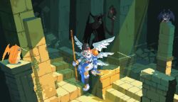 2girls angel angel_girl angemon animated armor demon demon_boy devimon digimon digimon_(creature) haopanyo looking_at_another multiple_girls muscular muscular_male patamon picodevimon pixel_art ruins video wings