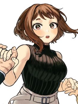 1boy 1girl bare_shoulders black_sweater blush boku_no_hero_academia breasts brown_eyes grey_skirt hashtag-only_commentary hetero highres holding_hands looking_at_viewer medium_breasts medium_hair midoriya_izuku parted_lips ribbed_sweater scar scar_on_hand skirt sleeveless sleeveless_turtleneck sweater turtleneck turtleneck_sweater upper_body uraraka_ochako white_background wide-eyed xsdj1e