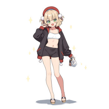 1girl :d bag beret black_jacket black_shorts blonde_hair braid breasts brown_sandals bubble_tea commentary_request cup disposable_cup full_body green_eyes hand_up hat hatsunatsu holding holding_bag hood hood_down hooded_jacket indie_virtual_youtuber jacket long_sleeves navel open_clothes open_jacket open_mouth pinstripe_jacket pinstripe_pattern plastic_bag puffy_long_sleeves puffy_sleeves red_hat sandals shadow shigure_ui_(vtuber) short_shorts shorts simple_background sleeves_past_wrists small_breasts smile solo sparkle standing virtual_youtuber white_background