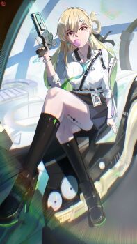 Rule 34 | 1girl, absurdres, aqua necktie, black shoes, black skirt, black socks, blonde hair, blowing bubble gum, breasts, chewing gum, chromatic aberration, cleavage, commentary, eiilous, english commentary, gradient hair, green hair, gun, hair between eyes, hair ornament, headphones, headphones around neck, highres, holding, holding gun, holding weapon, id card, long hair, looking at viewer, lynae (wuthering waves), medium breasts, multicolored hair, necktie, shirt, shoes, skirt, skull hair ornament, socks, solo, tacet mark (wuthering waves), weapon, white shirt, wuthering waves