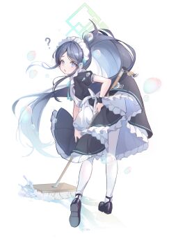 1girl ? absurdly_long_hair absurdres alternate_costume apron aqua_halo aqua_ribbon aris_(blue_archive) aris_(maid)_(blue_archive) back_bow black_dress black_hair black_shoes blue_archive blue_eyes bow bubble cleaning clothes_lift collared_dress commentary contrast_collar dress dress_lift enmaided frilled_apron frilled_dress frills full_body grey_hair gyuromi158 hair_behind_ear halo high_ponytail highres holding holding_mop kei_(robot)_(blue_archive) leaning_forward light_blush long_hair long_sidelocks looking_back maid maid_apron maid_headdress mary_janes mop neck_ribbon number_print official_alternate_costume official_alternate_hairstyle open_mouth pantyhose parted_bangs ponytail puffy_short_sleeves puffy_sleeves rectangular_halo ribbon ringed_eyes shoes short_sleeves sidelocks simple_background solo standing standing_on_one_leg very_long_hair white_apron white_background white_bow white_headdress white_pantyhose