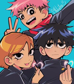 Rule 34 | 1girl, 2boys, :p, arm up, black eyes, black hair, black jacket, black nails, blue background, brown hair, closed mouth, finger heart, fushiguro megumi, hand up, highres, hood, hood down, hoodie, itadori yuuji, jacket, jujutsu kaisen, jujutsu tech uniform, kugisaki nobara, long sleeves, multiple boys, open mouth, parody, pink hair, red hoodie, school uniform, scott pilgrim (series), scott pilgrim takes off, short hair, simple background, smile, style parody, sybbatra, teeth, tongue, tongue out, upper body, upper teeth only, v, v-shaped eyebrows