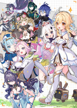 1boy 6+girls absurdres ahoge aino_(genshin_impact) android antenna_hair antlers bangs_pinned_back bare_shoulders black_coat black_gloves black_hair black_hat blonde_hair blue_dress blue_eyes blue_hair blush blush_stickers boots braid breasts cleavage closed_eyes closed_mouth coat columbina_(genshin_impact) commentary_request dress etmachigaeatx eyewear_on_head flins_(genshin_impact) flower genshin_impact gloves goggles green_eyes green_hair grid_background hair_between_eyes hair_flower hair_ornament hair_over_one_eye halo hat head_wings headdress headgear highres horns ineffa_(genshin_impact) jahoda_(genshin_impact) jewelry lauma_(genshin_impact) long_hair looking_at_another looking_at_viewer lumine_(genshin_impact) mechanical_arms mole mole_under_eye multicolored_hair multiple_girls nefer_(genshin_impact) one_eye_closed open_mouth outline paimon_(genshin_impact) pink_hair pointy_ears pulonia_(genshin_impact) purple_hair robot sandrone_(genshin_impact) screw_hair_ornament short_hair short_hair_with_long_locks single_mechanical_arm sleeves_past_fingers sleeves_past_wrists smile star-shaped_pupils star_(symbol) symbol-shaped_pupils thigh_boots tinted_eyewear twin_braids two-tone_hair very_long_hair walking waving white_boots white_coat white_dress white_hair white_headdress white_outline white_wings wings yellow_eyes