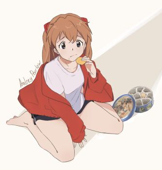 1girl andreypavlow artist_name black_shorts blue_eyes collarbone commentary cookie cookie_tin_(object) double-parted_bangs food food_on_face from_above full_body hair_between_eyes highres holding holding_cookie holding_food jacket long_hair looking_at_viewer neon_genesis_evangelion open_clothes open_jacket orange_hair red_jacket shadow shirt short_shorts short_sleeves shorts signature simple_background single_off_shoulder sitting solo souryuu_asuka_langley t-shirt thighs white_shirt