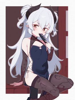 1girl absurdres animal_print arm_at_side bare_shoulders black_dress black_horns border breasts bright_pupils brown_eyes brown_gloves brown_sleeves brown_thighhighs butterfly_print china_dress chinese_clothes cleavage_cutout closed_mouth clothing_cutout collarbone covered_navel detached_sleeves double_bun dress fan_to_mouth folded_fan folding_fan foot_out_of_frame gloves hair_between_eyes hair_bun hand_fan hand_up highres holding holding_fan horns legs_up light_blush lk149 loli long_hair long_sleeves looking_at_viewer original outside_border pointy_ears print_sleeves print_thighhighs segmented_horns short_eyebrows sideless_dress sitting sleeveless sleeveless_dress small_breasts smile solo stomach thighhighs tight_clothes tight_dress two_side_up v-shaped_eyebrows very_long_hair white_hair white_pupils