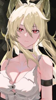 1girl absurdres arm_strap bare_shoulders black_choker blonde_hair breasts bright_pupils button_gap choker cleavage closed_mouth collar commentary_request curled_horns hair_between_eyes halme825 highres horns largebilled_(paravene) looking_at_viewer partial_commentary red_eyes shirt solo upper_body white_pupils white_shirt wuthering_waves zani_(wuthering_waves)