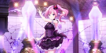 1girl alpha_(lapis_re:lights) arch arm_garter arm_up armpit_crease bare_shoulders bow bow_flower breasts brick cleavage cleavage_cutout clothing_cutout corset cowboy_shot diffraction_spikes dress expressionless flower frilled_skirt frills game_cg hair_bow high_side_ponytail highres lapis_re:lights looking_at_viewer medium_breasts official_art pink_hair purple_bow purple_corset purple_dress purple_eyes purple_skirt red_flower red_rose rose sidelocks skirt sleeveless sleeveless_dress solo stage stage_lights third-party_source tile_wall tiles