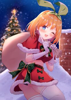 1girl ;3 alternate_costume ass back_bow bag belt belt_skirt black_belt black_panties blush bow bowtie breasts chimney christmas christmas_tree commentary crop_top english_commentary eyelashes fur-trimmed_collar fur-trimmed_skirt fur-trimmed_sleeves fur_trim gift_bag gloves go-toubun_no_hanayome green_bow green_bowtie green_hairband green_headwear hairband happy head_tilt highres holding holding_bag index_finger_raised large_breasts looking_at_viewer medium_hair midriff miniskirt nakano_yotsuba night on_roof one_eye_closed open_mouth orange_hair outdoors panties panty_peek plaid_bow pom_pom_(clothes) profnote red_crop_top red_skirt santa_costume short_sleeves sidelocks skirt sky smile snow snowing solo standing star_(sky) star_(symbol) starry_sky straight_hair thighhighs thighs underwear white_gloves white_thighhighs zettai_ryouiki