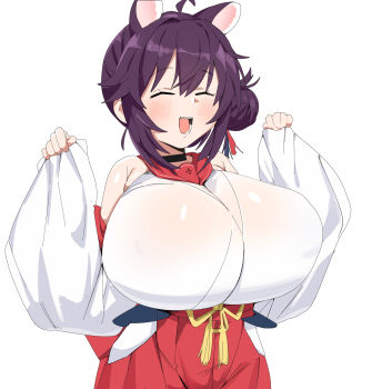1girl ahoge animal_ears arms_up black_choker black_hair blue_archive blush breasts choker citizen_k_(pngj5475) closed_eyes detached_sleeves gigantic_breasts hair_bun hakama japanese_clothes kaede_(blue_archive) kimono miko obi open_mouth red_hakama sash short_hair side_bun single_hair_bun smile solo standing white_background white_kimono white_sleeves