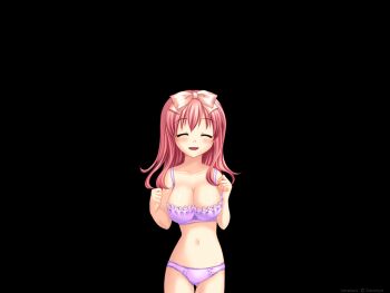 1girl ^_^ asahina_hiyori_(hara_hara!!) black_background blush bow bowtie bra breasts breasts_squeezed_together cleavage clenched_hands closed_eyes collarbone cowboy_shot fumizuki_yukari game_cg hair_between_eyes hair_bow hands_up hara_hara!! large_breasts long_hair navel non-web_source open_mouth panties pink_bow pink_hair purple_bra purple_panties simple_background smile solo standing tachi-e tareme thighs underwear variant_set