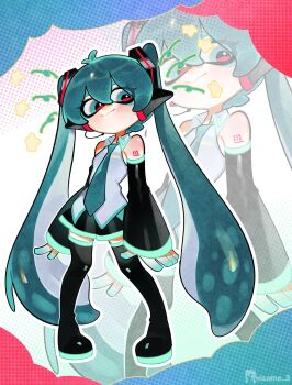 Rule 34 | 1girl, blue eyes, blue hair, blue necktie, commentary, english commentary, hatsune miku, highres, inkling, necktie, nintendo, number tattoo, parody, pointy ears, reisame, splatoon (series), squid girl, star (symbol), style parody, tattoo, third-party source, vocaloid, vocaloid boxart pose, zoom layer