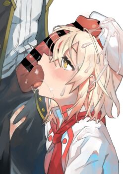 1boy 1girl absurdres alice_(egocentric_patissiere)_(tales) alice_(tales) bar_censor blonde_hair blush censored commission cum cum_on_body cum_on_clothes cum_on_hair cum_on_headwear facial grabbing_another&#039;s_thighs hat hetero highres mogamiya_honu official_alternate_costume oral pants penis penis_on_face regal_bryan short_hair tales_of_(series) tales_of_symphonia tales_of_symphonia:_dawn_of_the_new_world tales_of_the_rays testicle_sucking tongue tongue_out white_background yellow_eyes