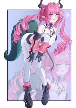 Rule 34 | +++, 1girl, :q, absurdres, all fours, amane kocha, arknights, arknights: endfield, bare shoulders, bent over, black boots, black gloves, black horns, blunt bangs, boots, border, breasts, cleavage, closed mouth, commentary, detached sleeves, english commentary, full body, gloves, green tail, hair intakes, highres, horns, long hair, long sleeves, looking at viewer, medium breasts, pants, pink hair, pink sleeves, pointy ears, purple eyes, see-through clothes, see-through sleeves, solo, standing, tail, tongue, tongue out, twintails, white border, white pants, yvonne (arknights), zoom layer