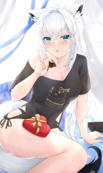 Rule 34 | 1girl, absurdres, ahoge, animal ear fluff, animal ears, aqua nails, black shirt, blue eyes, box, braid, breasts, candy, chocolate, chocolate heart, cleavage, closed mouth, collarbone, commentary, feet out of frame, food, fox ears, fox girl, fox tail, hair between eyes, heart, heart-shaped box, heart-shaped food, highres, holding, holding chocolate, holding food, hololive, large breasts, shirakami fubuki, shirakami fubuki (loungewear), shirt, solo, st-147, t-shirt, tail, tongue, tongue out, valentine, virtual youtuber, white hair