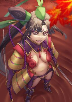 1girl absurdres armor azamaru_(fate) bikini_armor black_hair black_thighhighs breasts commentary_request eyeliner facial_mark fate/grand_order fate_(series) forehead_mark garter_belt green_hat grin hair_bun hat highres japanese_armor katana kote large_breasts long_hair long_sleeves looking_at_viewer makeup multicolored_eyes navel orange_eyes parted_bangs purple_eyes purple_lips revealing_clothes sakuya_(liao_kj) shoulder_armor side_ponytail sidelocks single_hair_bun single_side_bun smile sode solo suneate sword taira_no_kagekiyo_(fate) taira_no_kagekiyo_(third_ascension)_(fate) tassel thighhighs ushiwakamaru_(fate) very_long_hair weapon