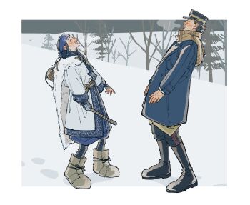 Rule 34 | 1boy, 1girl, ainu, ainu clothes, asirpa, black boots, black hair, blue coat, blue headband, boots, border, cape, closed eyes, coat, commentary request, full body, fur boots, fur cape, golden kamuy, hat, headband, highres, kome uo, laughing, leaning back, long hair, military hat, military uniform, open mouth, outdoors, print scarf, scar, scar on face, scar on mouth, scar on nose, scarf, short hair, smile, sugimoto saichi, white border, white coat, winter