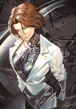 1girl absurdres android brown_hair cap_hat chromatic_aberration from_above highres joints looking_at_viewer lucy_(reverse:1999) metal_skin reverse:1999 robot_girl robot_joints shirt short_hair solo upper_body white_shirt yellow_eyes zoom_layer