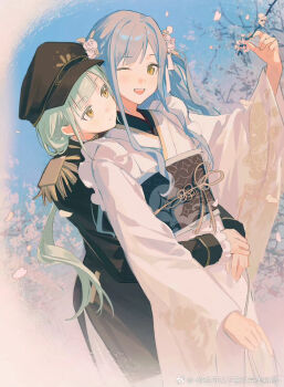 2girls :d alternate_costume arm_up arms_around_waist artist_request bang_dream! bang_dream!_it&#039;s_mygo!!!!! black_dress black_hat black_sash blue_hair blunt_bangs blurry border branch cherry_blossoms chinese_commentary closed_mouth colored_eyelashes commentary_request commission cowboy_shot depth_of_field dress epaulettes fading_border falling_petals floral_print floral_print_kimono flower frilled_kimono frilled_sleeves frills front-to-back green_hair hair_flower hair_ornament hair_ribbon hand_on_own_wrist hat highres holding holding_branch hug hug_from_behind japanese_clothes kimono light_blush light_smile long_hair long_sidelocks long_sleeves looking_at_another medium_dress mihuashi_commission multiple_girls obi obijime one_eye_closed open_mouth peaked_cap petals pink_border print_kimono print_sash ribbon sash second-party_source sidelocks sky smile teeth togawa_sakiko upper_teeth_only very_long_hair wakaba_mutsumi watermark weibo_watermark white_kimono white_ribbon wide_sleeves yellow_eyes yuri