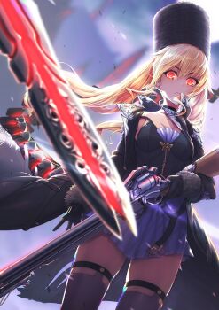 1girl absurdres ayaki belt black_gloves black_jacket black_thighhighs blonde_hair breasts choker cleavage code_vein collarbone commentary_request female_focus fur_hat gloves glowing glowing_eyes gun hat highres jacket left-handed long_hair long_sleeves looking_at_viewer mechanical_tail mia_karnstein miniskirt official_art papakha red_eyes rifle sidelocks skirt small_breasts solo strap_slip tail thighhighs trigger_discipline twintails weapon zettai_ryouiki zipper zipper_pull_tab