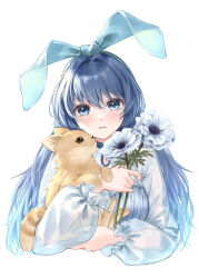 Rule 34 | 1girl, absurdres, anemone (flower), animal, blue bow, blue eyes, blue hair, blue theme, bow, creature, dot nose, expressionless, flower, hair bow, hair intakes, highres, holding, holding animal, holding flower, long hair, looking at viewer, nagisa (pan to honey), original, parted lips, see-through, see-through sleeves, simple background, solo, straight-on, upper body, white background