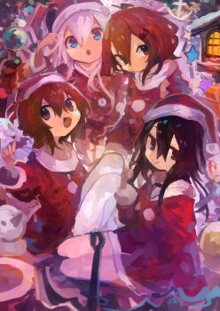 4girls :o absurdres akatsuki_(kancolle) alternate_costume black_hair blue_eyes brown_eyes brown_hair christmas christmas_ornaments closed_mouth commentary_request dress hair_ornament hairclip hat hibiki_(kancolle) highres hood hood_down hooded_dress ikazuchi_(kancolle) inazuma_(kancolle) kaamin_(mariarose753) kantai_collection multiple_girls open_mouth pantyhose pom_pom_(clothes) red_dress santa_costume santa_hat sitting sparkle star_(symbol) white_hair white_pantyhose