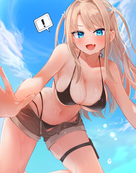 ! 1girl :d absurdres all_fours bare_arms bare_shoulders bikini bikini_under_clothes black_bikini blonde_hair blue_eyes blue_sky blue_streaks blush breasts brown_shorts cleavage cloud fang festa11307070 flower from_below hair_flower hair_ornament halterneck highres large_breasts legs_apart long_hair long_sidelocks looking_at_viewer multi-strapped_bikini_bottom multicolored_hair navel open_clothes open_mouth open_shorts original outdoors outstretched_arm parted_bangs short_shorts shorts sidelocks skin_fang skindentation sky smile solo spoken_exclamation_mark streaked_hair string_bikini swimsuit thigh_strap two_side_up v-shaped_eyebrows wet