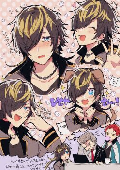 3boys aimono_jyushi amaguni_hitoya animal_ears bad_ass_temple black_hair blonde_streaks blowing_bubble_gum blue_eyes chain chain_necklace chewing_gum chibi chuunibyou closed_eyes coffee_mug computer crying cup dog_ears dog_tail ear_piercing earrings facepalm flower fujisaki_(ofuton_division) grey_hair grey_jacket grin hair_over_one_eye harai_kuko head_tilt heart highres hypnosis_mic jacket jewelry lapels laptop looking_at_viewer male_focus mug multicolored_eyes multicolored_hair multiple_boys necklace necktie piercing pink_eyes polka_dot polka_dot_background pompadour popped_collar red_hair red_necktie ring smile sparkle striped_blush symbol-shaped_pupils tail tearing_up translation_request two-tone_eyes two-tone_hair yellow_eyes yellow_trim