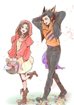 1boy 1girl aerith_gainsborough alternate_costume animal_ears apple arms_behind_head arms_up basket black_choker black_hair black_jacket black_pants blue_eyes boots brown_boots brown_hair choker commentary_request cosplay cross_scar dress facial_scar final_fantasy final_fantasy_vii final_fantasy_vii_ever_crisis flower food fruit full_body green_eyes halloween halloween_costume highres holding holding_basket hood hoodie jacket little_red_riding_hood_(fairy_tale) little_red_riding_hood_(fairy_tale_character) little_red_riding_hood_(fairy_tale_character)_(cosplay) long_sleeves looking_at_another ninnin5tora official_alternate_costume open_clothes open_jacket open_mouth orange_hoodie pants pink_ribbon red_hood ribbon scar scar_on_cheek scar_on_face standing standing_on_one_leg walking wolf_ears yellow_dress zack_fair zack_fair_(black_hound)