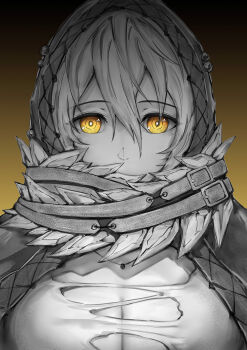 1girl breasts code_vein commentary covered_mouth dress female_focus greyscale greyscale_with_colored_background hair_between_eyes highres io_(code_vein) large_breasts looking_at_viewer monochrome short_hair solo torn_clothes torn_dress yellow_eyes yuki7128