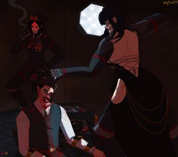 1boy 2girls absurdres alternate_costume android backless_dress backless_outfit battery belly_chain blood blood_on_clothes blood_on_face blood_on_hands cart cigarette commentary cyberpunk dress english_commentary facial_mark fangs guro hammer highres holding holding_cigarette injury jewelry jumper_cable kolibri_(signalis) mechanical_arms medal modakawa_dress multiple_girls myriadotw pliers red_theme restrained science_fiction signalis sitting smoking stool storch_(signalis) tools torture