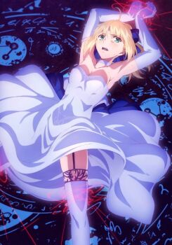 absurdres ahoge armpits arms_up artoria_pendragon_(fate) bdsm blonde_hair blue_bow blue_ribbon blush bondage bound bound_arms bow breasts choker cleavage collarbone dress elbow_gloves fate/stay_night fate/unlimited_blade_works fate_(series) gloves green_eyes hair_bow hair_ribbon highres imminent_penetration imminent_rape imminent_vaginal kneehighs legs long_glove long_skirt looking_at_viewer lying magic_circle medium_hair no_bra official_art on_back open_mouth ponytail purple_garter_belt purple_garter_straps ribbon saber_(fate) scared scared_expression sexually_suggestive skirt small_breasts socks sweat sweatdrop thighhighs thighs tsuzuki_moe upper_body wedding_dress white_choker white_dress white_gloves white_skirt white_thighhighs zettai_ryouiki