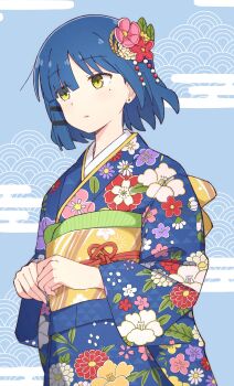 1girl absurdres blue_hair blue_kimono bocchi_the_rock! commentary_request floral_print floral_print_kimono flower hair_flower hair_ornament highres japanese_clothes kimono light_blush long_sleeves mimori_(mimori_05) new_year obi parted_lips print_kimono red_ribbon revision ribbon sash short_hair solo upper_body wide_sleeves yamada_ryo yellow_eyes yellow_sash