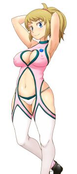 1girl armpits arms_behind_head arms_up blue_eyes breasts brown_hair cleavage cleavage_cutout clothing_cutout covered_erect_nipples gundam gundam_build_fighters gundam_build_fighters_try heart_cutout highres hoshino_fumina large_breasts looking_at_viewer multiple_views navel open_mouth panties ponytail simple_background smile standing standing_on_one_leg stomach thighhighs thighs tof underwear white_panties