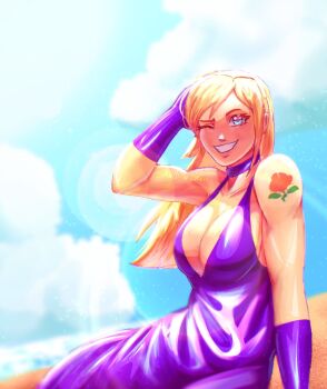 Rule 34 | 1girl, arm tattoo, b. jenet, blonde hair, blue eyes, breasts, choker, cleavage, collarbone, dress, fatal fury, garou: mark of the wolves, gloves, large breasts, long hair, purple dress, rose tattoo, shadowst4rs, sideboob, snk, solo, tattoo, the king of fighters