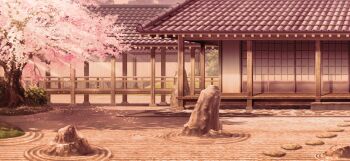 architecture cherry_blossoms east_asian_architecture game_cg hakugyokurou no_humans non-web_source official_art outdoors rock_garden scenery shadow touhou touhou_gensou_eclipse tree twilight
