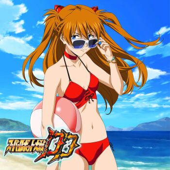 1girl ball beach bikini blue_eyes blue_sky breasts brown_hair cleavage floating_hair highres lips logo long_hair medium_breasts navel neon_genesis_evangelion ocean official_art open_mouth red_bikini side-tie_bikini_bottom sky smile solo souryuu_asuka_langley standing sunglasses sunglasses_on_head sunlight super_robot_wars super_robot_wars_dd swimsuit thighs twintails two_side_up water