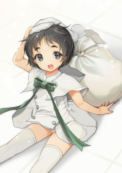 1girl absurdres black_hair capelet commentary_request dress fur-trimmed_headwear fur_trim green_ribbon hat highres kantai_collection maru-yu_(christmas)_(kancolle) maru-yu_(kancolle) open_mouth panties pantyshot ribbon round_teeth sack santa_hat short_hair simple_background sitting smile solo teeth thick_eyebrows thighhighs underwear upper_teeth_only white_background white_capelet white_dress white_hat white_thighhighs yashin_(yasinz)