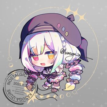 1girl :d beret black_jacket black_skirt chibi chibi_only commentary_request full_body grey_background hat heterochromia holding holding_spray_can jacket jogasaki_noah kasuga_haruhi long_hair long_sleeves looking_at_viewer mahou_shoujo_no_majo_saiban multi-tied_hair multicolored_hair neck_ribbon open_mouth red_eyes ribbon skirt smile solo spray_can streaked_hair white_hair yellow_eyes